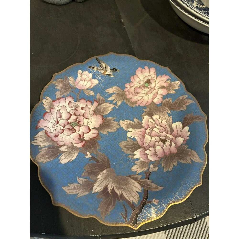 Blue Pink Flower Cloisonne Brass Enamel Hand Painted Plate Vintage Chinese